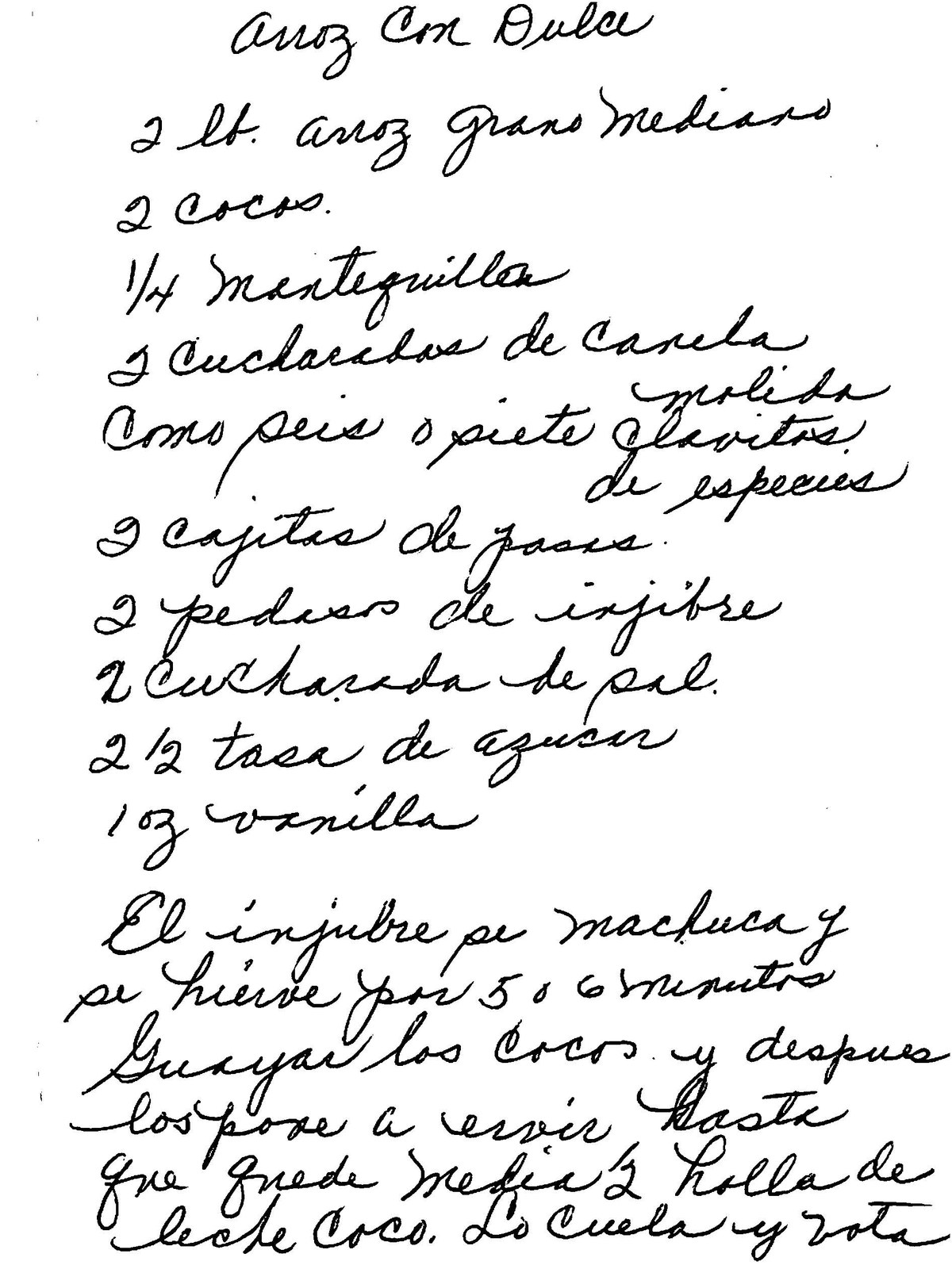Mami's handwritten arroz dulce recipe